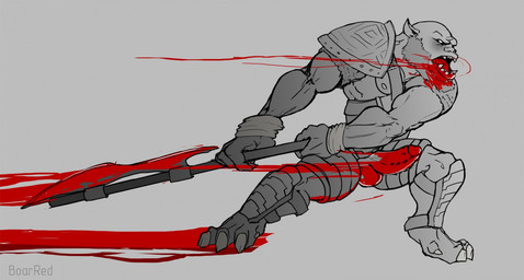 alternative_fashion armor beard blood bodily_fluids erection facial_hair genitals gore goth male nipples not_furry penile_spines penis solo violence weapon boarred humanoid orc