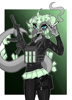 alternate_costume anthro black_bottomwear black_clothing black_pants blue_eyes border bottomwear breasts cigarette clothed clothed_anthro clothed_female clothing combat_gear female front_view gradient_background green_body green_hair grey_body gun hair hair_bun holding_cigarette holding_gun holding_object holding_ranged_weapon holding_weapon long_hair long_tail looking_at_viewer medium_breasts non-mammal_breasts pants ranged_weapon shirt simple_background smoke solo spiked_tail spikes spikes_(anatomy) tactical_gear tail tight_bottomwear tight_clothing tight_pants tight_shirt tight_topwear topwear twin_buns vest weapon white_border gothgator0 goodbye_volcano_high ko_op_(game_developer) stella_(gvh_beta) dinosaur ornithischian prehistoric_species reptile scalie stegosaurian stegosaurus thyreophoran absurd_res colored hi_res portrait shaded three-quarter_portrait