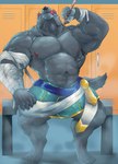 anthro armpit_hair bandage big_muscles body_hair clothed clothing fur looking_up male muscular muscular_male nipples pecs sitting solo tail tongue tongue_out whit3salmon_23 league_of_legends riot_games tencent nasus_(lol) anubian_jackal canid canine canis humanoid jackal mammal absurd_res hi_res