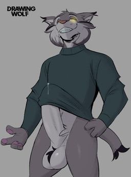 anthro balls big_balls big_penis bodily_fluids bottomless bulge clothed clothing erection front_view fur genital_fluids genitals grey_body grey_fur humanoid_genitalia humanoid_penis male partially_clothed penis penis_under_clothes penis_under_shirt precum simple_background smile solo sweater topwear yellow_eyes drawinggwolf disney zootopia pawbert_lynxley felid feline lynx mammal 2025 hi_res