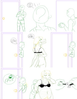 anthro bald blonde_hair bodily_fluids bra breasts clothing crying door female hair long_hair male navel pubes simple_background sweat tears underwear white_background wide_hips jonsthaman monstro_village anon caimon alligator alligatorid crocodilian human mammal reptile scalie comic pictographics