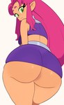 anus big_butt bottomless butt clothed clothing female green_eyes hair humanoid_pointy_ears looking_at_viewer looking_back looking_back_at_viewer not_furry orange_body orange_skin pink_hair simple_background solo kids_gamera dc_comics teen_titans starfire_(teen_titans) alien alien_humanoid humanoid tamaranean