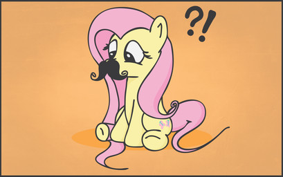 border cutie_mark exclamation_point facial_hair female feral fur hair humor interrobang looking_down mustache orange_background pink_hair question_mark simple_background sitting solo tail yellow_body yellow_fur finalflutter friendship_is_magic hasbro my_little_pony fluttershy_(mlp) equid equine horse mammal pony 2013 digital_media_(artwork) hi_res