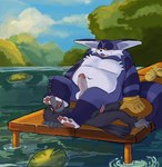 anthro balls barazoku belly black_body black_feathers blush bodily_fluids clothing duo erection feathers feet foot_fetish foot_lick foot_play fur genital_fluids genitals gloves handwear lake licking male male/male navel overweight overweight_anthro overweight_male pawpads penis pier precum purple_body purple_fur tongue newtmoss sega sonic_the_hedgehog_(series) big_the_cat avian bird corvid corvus_(genus) crow domestic_cat felid feline felis mammal oscine passerine hi_res