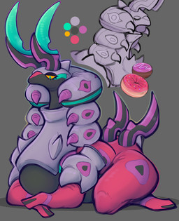 ambiguous_gender color_swatch dessert doughnut eyelashes feral food food_fetish grey_background looking_at_viewer looking_down lying on_front on_model pastry pink_frosted_sprinkled_doughnut pose simple_background solo sprinkles suggestive suggestive_food zzx nintendo pokemon pokemon_legends_z-a generation_9_pokemon mega_evolution mega_scolipede pokemon_(species) detailed digital_drawing_(artwork) digital_media_(artwork)