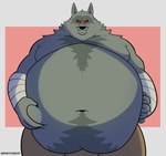 anthro belly big_belly black_nose black_sclera claws clothed clothing fur grey_body grey_fur male navel obese obese_anthro obese_male overweight overweight_anthro overweight_male red_eyes smile solo topless wraps mindof dreamworks puss_in_boots_(franchise) death_(puss_in_boots) canid canine canis mammal wolf 2023 digital_media_(artwork) hi_res signature