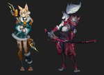 anthro duo ear_piercing ear_ring female male male/female piercing ring_piercing league_of_legends riot_games tencent lux_(lol) yasuo_(lol) canid canine canis mammal procyonid raccoon wolf