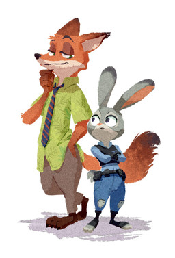 anthro barefoot belt clothing duo eye_contact feet female looking_at_another male necktie police police_uniform simple_background toeless_legwear uniform nemurism disney zootopia judy_hopps nick_wilde canid canine fox lagomorph leporid mammal rabbit red_fox true_fox 2015