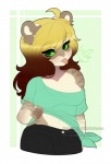 ahoge anthro black_bottomwear black_clothing black_pants blonde_hair bottomwear brown_body brown_fur brown_hair clothed clothing female fur gradient_hair green_eyes hair looking_at_viewer navel pants shirt smile solo teal_clothing teal_shirt teal_topwear tongue tongue_out topwear petitecat felid mammal watermark