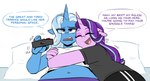 anthro anthrofied bed blue_body blue_fur clothing dialogue female female/female fur furniture hair horn hug navel navel_piercing piercing pillow pink_body pink_fur purple_eyes purple_hair text tv_remote redxbacon friendship_is_magic hasbro my_little_pony mythology starlight_glimmer_(mlp) trixie_(mlp) equid equine mammal mythological_creature mythological_equine unicorn digital_media_(artwork) english_text