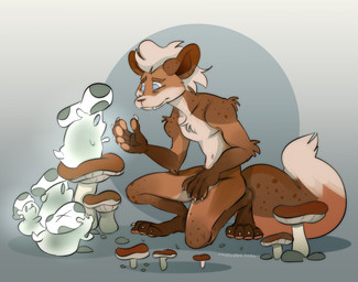 anthro blind brown_body brown_fur brown_pawpads brown_paws brown_spots claws disability eye_contact fluffy fluffy_tail fungus fur hair looking_at_another male markings mushroom mushroom_cap mushroom_spirit pawpads paws raised_tail rock simple_background solo spots spotted_body spotted_fur tail tuft unsure white_body white_claws white_fur emufur william_the_blind_fox canid canine fox ghost mammal spirit absurd_res hi_res signature