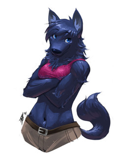 anthro blue_body blue_eyes blue_fur bottomwear bra breasts clothing crossed_arms female fur navel pants simple_background smile solo underwear white_background dogbomber ask_the_werewolves blackbird_(atw) canid canine canis mammal wolf 2015
