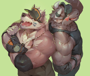 anthro armwear barazoku black_clothing black_nose black_shirt black_topwear blue_eyes bottomwear brown_body brown_eyes brown_fur clothed clothing crossed_arms duo fangs fur green_background grey_body grey_fur hat headgear headwear horn jewelry looking_at_viewer male muscular muscular_male necklace open_mouth pants pink_tongue shirt simple_background standing tank_top teeth tongue topless topwear visor white_horn null-ghost bovid bovine canid canine mammal 2015 half-length_portrait portrait