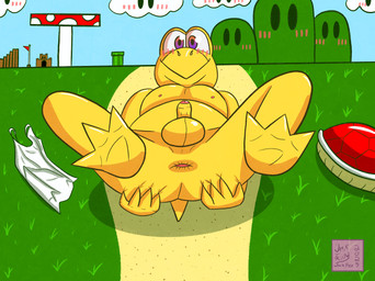 anthro anus balls blush clothing exhibitionism feet flag foreskin genitals grass lying male nude on_back penis plant purple_eyes red_shell shell shirt sky solo spread_anus spreading tank_top topwear yellow_body yellow_skin jackfex mario_bros nintendo koopa koopa_troopa reptile scalie tortoise turtle hi_res