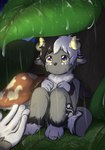 anthro bodily_fluids crying detailed_background horn looking_forward male raining sad sitting sitting_on_grass solo tears wings young young_anthro young_male khaimera tenet_(khaimera) bovid caprine goat hybrid mammal 2023 absurd_res hi_res