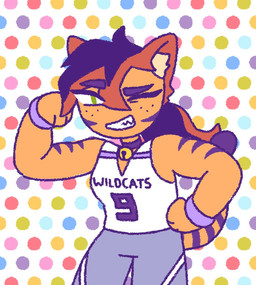 anthro bell bell_collar black_hair black_stripes bottomwear bracelet brown_hair clothed clothing collar ears_up eyebrows fangs female flexing freckles fur green_eyes hair inner_ear_fluff jewelry muscular muscular_anthro muscular_female noseless one_eye_closed orange_body orange_fur pants pattern_background ponytail raised_arm raised_eyebrow raised_tail school_uniform shirt simple_background smile smiling_at_viewer solo sportswear stripes tail tank_top teeth text topwear tuft uniform 90percentdenny 90_percent_studios purrfect_apawcalypse tigger_sugden domestic_cat felid feline felis mammal toyger 2020 english_text official_art