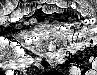 ambiguous_gender biped cloak clothed clothing detailed_background empty_eyes road sculpture solo standing statue kumorage hollow_knight_(franchise) team_cherry the_infection_(hollow_knight) the_knight_(hollow_knight) arthropod vessel_(species) hi_res monochrome
