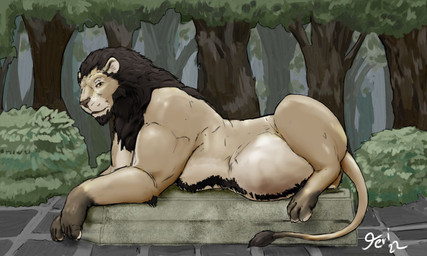 belly big_belly brown_body brown_fur brown_mane detailed_background feral feral_pred forest forest_background frown fur long_tail looking_at_viewer lying male mane nature nature_background nude nude_feral on_front pedestal plant shrub side solo tail tail_tuft tan_body tan_fur text tree tuft vore white_text yellow_eyes jeri_kleinlowe felid lion mammal pantherine 2022 5:3 colored dated signature