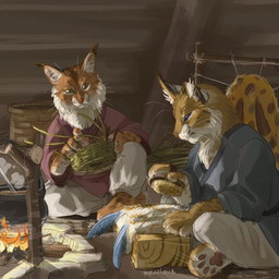 anthro basket blue_clothing blue_shirt blue_topwear brush cauldron clothed clothing container detailed_background duo fire fur inner_ear_fluff inside male male/male multicolored_body multicolored_fur neck_tuft orange_body orange_fur patterned_fur pawpads paws shirt steam topwear tuft whiskers yellow_body yellow_eyes yellow_fur pawlove-arts grimshire kai_(grimshire) tano_(grimshire) felid feline lynx mammal 1:1 brother_(lore) brothers_(lore) sibling_(lore)