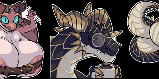 anthro big_breasts big_butt breasts butt duo female gesture huge_breasts huge_butt hyper hyper_breasts hyper_butt inviting male smile smirk sticker waving fetishame mythology dragon kobold mythological_creature mythological_scalie scalie hi_res long_image wide_image