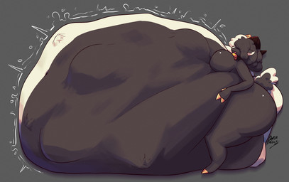 abdominal_bulge anthro bell bell_collar belly big_belly big_breasts big_butt black_body black_ears black_hair black_horn black_tail breasts butt collar death female grey_background hair horn huge_belly huge_breasts huge_butt hyper hyper_belly hyper_butt multicolored_body multicolored_hair pink_tongue scut_tail short_tail side_view simple_background smile solo tail tan_horn thick_thighs tongue tongue_out two_tone_body two_tone_tail vore white_body white_hair white_inner_ear white_tail oveja-tactica domino_(bloodcrayons) bovid caprine mammal sheep 2025 absurd_res colored digital_media_(artwork) hi_res shaded signature