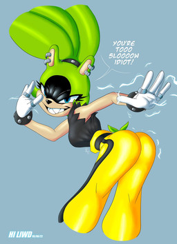 anthro bent_over black_body black_clothing black_fur black_nose black_topwear blue_background blue_eyes bottomwear bracelet breasts butt clothed clothing dialogue ear_piercing electrogenesis eyelashes facial_markings female fur gloves green_body green_fur handwear head_markings jewelry looking_at_viewer looking_back looking_back_at_viewer markings pants piercing rear_view ring sharp_teeth simple_background smile solo studded_bracelet studded_jewelry studs talking_to_viewer tan_body tan_fur teeth text thick_thighs topwear white_clothing white_gloves white_handwear wide_hips yellow_bottomwear yellow_clothing yellow_pants hiliwd idw_publishing sega sonic_the_hedgehog_(comics) sonic_the_hedgehog_(idw) sonic_the_hedgehog_(series) surge_the_tenrec afrosoricid mammal tenrec hi_res