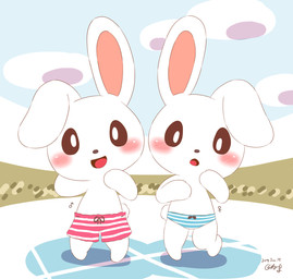 ambiguous_gender blush chibi clothed clothing duo looking_at_viewer open_mouth outside underwear underwear_only white_body zeru_(ma) lagomorph leporid mammal rabbit hi_res