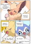 bedroom_eyes dialogue eeveelution english_text female feral flareon flustered generation_1_pokemon group hi_res jolteon looking_at_viewer narration narrowed_eyes nintendo okazu pokemon pokemon_(species) seductive speech_bubble text translated trio vaporeon watermark
