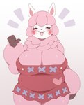 anthro big_breasts blush blush_stickers breasts cleavage clothed clothing eyelashes eyes_closed female fur hair happy heart_symbol mature_female open_mouth overalls overalls_only pink_body pink_fur pink_hair raised_hand red_clothing short_hair simple_background smile smiling_at_viewer solo thick_thighs tongue white_body white_fur wide_hipped_female wide_hips wool_(fur) anotherbearsimp animal_crossing nintendo reese_(animal_crossing) alpaca camelid mammal hi_res