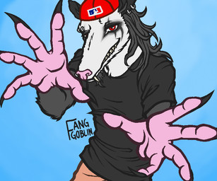 anthro arms_outstretched beard black_beard black_body black_claws black_clothing black_ears black_facial_hair black_fur black_hair black_shirt black_topwear blue_background bottomwear claws clothed clothing corpse_paint ear_piercing ear_ring eyebrow_piercing eyebrow_ring facial_hair facial_piercing fangs foreshortening fully_clothed fur grin grinning_at_viewer hair half-closed_eyes hunched_over long_hair long_snout looking_at_viewer male messy_hair multicolored_body multicolored_fur narrowed_eyes nose_piercing nose_ring piercing pink_hands pink_nose posing_for_picture red_cap red_eyes ring_piercing sharp_teeth shirt simple_background smile smiling_at_viewer snout solo tan_bottomwear tan_clothing teeth topwear white_body white_fur fanggoblin limp_bizkit fred_durst poggers_(fanggoblin) american_opossum mammal marsupial colored digital_media_(artwork)