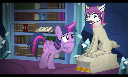 1_horn 2_horns black_bars book bookshelf cloven_hooves crystal duo feathered_wings feathers female feral furniture green_eyes grey_body hair hooves horn inanimate_transformation library magic magic_user male mid_transformation multicolored_hair name_plate objectification open_book petrification plinth purple_body purple_eyes purple_hair purple_wings spellbook statue_transformation statuefication statuette statufication transformation transformation_through_magic wings icaron friendship_is_magic hasbro my_little_pony mythology twilight_sparkle_(mlp) deer equid equine mammal mythological_creature mythological_equine winged_unicorn absurd_res hi_res letterbox story story_at_source story_in_description