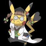 1:1 alpha_channel anthro cleft_tail clothing coat cosplay_pikachu_(character) cosplay_pikachu_(costume) eyewear female fur generation_1_pokemon glasses hat headgear headwear hi_res ken_sugimori lab_coat looking_at_viewer mammal nintendo official_art pikachu pikachu_ph._d pokemon pokemon_(species) rodent semi-anthro simple_background solo tail topwear yellow_body yellow_fur