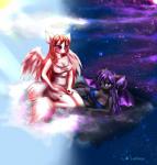 :3 anthro big_breasts big_eyes black_body black_fur blush bottomwear breasts bulge cleavage clothed clothing cloud day duo evil_look female fur gynomorph hair halo horn inner_ear_fluff intersex kneeling loincloth long_hair long_tail lying moon night on_side pink_eyes pink_hair pink_nose purple_eyes purple_hair robe shirt sky star sun tail tank_top topwear tuft white_body white_fur wings cali_pona artemis_tsukino simetra_kuro angel demon domestic_cat felid feline felis mammal absurd_res hi_res