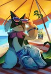 ambiguous_gender anthro beach beach_towel beach_umbrella beret camera claws clothing cloud duo eyewear female flower_accessory fur green_body green_fur green_hair hair hat headgear headwear looking_at_another looking_at_viewer open_mouth parasol pawpads pink_eyes sea sky sunglasses tail towel water yellow_body chufflepop nintendo pokemon pokemon_unite beach_style_meowscarada tourist_style_pikachu felid feline generation_1_pokemon generation_9_pokemon mammal meowscarada pikachu pokemon_(species) 2025 hi_res