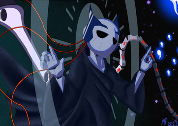 5_fingers ambiguous_gender black_eyes blue_body clothed clothing fingers glowing machine male metal metallic_body monotone_body mouthless not_furry robe simple_background solo wire moonbane_(artist) rain_world videocult distant_ambiance fan_character humanoid iterator_(rain_world) robot robot_humanoid 2023 digital_drawing_(artwork) digital_media_(artwork) shaded signature