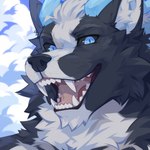 anthro blue_eyes blue_horn cheek_tuft facial_tuft fangs fur glistening glistening_eyes grey_body grey_fur grey_sclera hair horn looking_at_viewer male neck_tuft open_mouth open_smile pink_tongue short_hair smile solo teeth tongue tuft white_body white_fur white_hair corzh77 maxim_(shotax) canid mammal 1:1 bust_portrait hi_res portrait