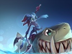 anthro duo feral male melee_weapon night outside partially_submerged polearm sea sky staff tail teeth water weapon tsampikos league_of_legends riot_games tencent fizz_(lol) longtooth fish marine shark yordle digital_media_(artwork) shaded