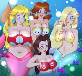 big_breasts bra breasts clothing ear_piercing ear_ring female fingers group hair hair_over_eye huge_breasts lips one_eye_obstructed pasties piercing ring_piercing split_form tail underwear water bexymoma mario_bros nintendo super_mario_galaxy mayor_pauline princess_daisy princess_peach rosalina_(mario) aquatic humanoid merfolk absurd_res hi_res