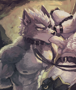 abs angry anthro athletic bdsm big_penis bondage bound caressing_face dominant dominant_male duo eye_patch eyewear fellatio fur genitals grey_body grey_fur hand_on_head hands_behind_back leash leash_pull male male/male muscular muscular_male oral oral_penetration painterly pecs penetration penile penis prosthetic prosthetic_leg prosthetic_limb sex submissive submissive_male white_body white_fur plainprisms mihoyo nintendo star_fox zenless_zone_zero von_lycaon wolf_o'donnell canid canine canis mammal thiren wolf absurd_res hi_res
