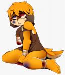 amputee anthro blonde_hair blood blood_on_bandage bodily_fluids brown_body brown_fur bruised clothed clothing disability eye_patch eyewear female fur hair nosebleed off_shoulder orange_body orange_fur purple_eyes shirt simple_background solo tail topwear white_background wounded young young_anthro berseepon09 dog_girl_(berseepon09) canid canine canis domestic_dog mammal hi_res