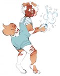 anthro baby_powder clothed clothing diaper diaper_bulge diaper_under_clothing floppy_ears fur hair happy holding_object male orange_body orange_fur overalls rear_view red_body red_fur shirt short_hair shortalls simple_background solo standing topwear wearing_diaper white_background white_body white_fur white_hair slusheep canid canine canis domestic_dog mammal 2018 hi_res