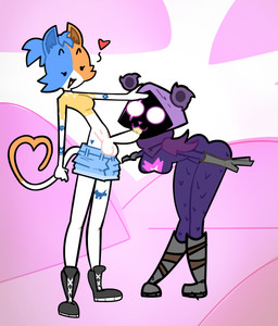 anthro anthro_on_anthro anthro_penetrated anthro_penetrating anthro_penetrating_anthro balls big_penis black_body black_eyes blue_bottomwear blue_clothing blue_shorts bottomwear breasts clothing denim denim_bottomwear denim_clothing denim_shorts dot_eyes erection fellatio female female_penetrated genitals glans gloves grey_clothing grey_gloves grey_handwear gynomorph gynomorph/female gynomorph_penetrating gynomorph_penetrating_female half-closed_eyes handwear head_grab heart_symbol heart_tail intersex intersex/female intersex_penetrating intersex_penetrating_female interspecies narrowed_eyes no_pupils open_mouth oral penetration penile penis purple_hood purple_nose purple_scarf scarf sex shallow_penetration shirt shorts simple_eyes small_breasts smile tail topwear white_balls white_eyes white_penis yellow_clothing yellow_glans yellow_shirt yellow_topwear blazedwalk123 epic_games fortnite cate_meowdy raven_team_leader bear domestic_cat felid feline felis mammal 2026 absurd_res hi_res