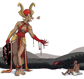 accessory anthro biped blood bodily_fluids breasts claws clothed clothed_anthro clothed_female clothed_human clothed_male clothing death decapitation egyptian egyptian_clothing faceless_character faceless_human feet female fingers front_view fur group male rear_view simple_background sitting smile standing teeth toes trio usekh nulia harba deity felid human lion mammal pantherine reptile scalie snake 2026 digital_drawing_(artwork) digital_media_(artwork) hi_res