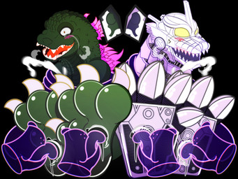 blush bodily_fluids breath circumcised claw_toes cum dripping ejaculation fangs feet foot_fetish foot_focus foot_lick foot_play genital_fluids genitals green_body grey_body group laugh licking machine male mecha penis restrained saliva saliva_drip spikes teeth tickling tickling_feet tongue yellow_eyes martie_(artist) godzilla_(series) toho godzilla kiryu_(godzilla) mechagodzilla ghost kaiju mechanical_dragon robot spirit 4:3 absurd_res hi_res