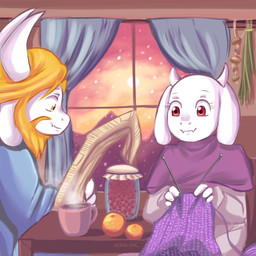 anthro beard container cup detailed_background duo evening facial_hair fangs female food fruit fur horn knitting long_ears male mature_anthro mature_female mature_male mountain plant sunset teeth white_body white_fur window keterok undertale undertale_(series) asgore_dreemurr toriel boss_monster_(undertale) bovid caprine mammal 1:1