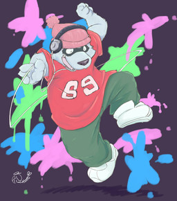 anthro biped black_nose bottomwear clothing electronics eyes_closed grey_body headphones humanoid_hands kemono pants shirt solo text text_on_clothing text_on_shirt text_on_topwear topwear 0ottotto0 mammal procyonid raccoon 2015