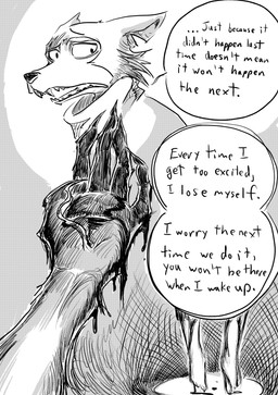 anthro blood blood_drip bodily_fluids claws clothing dangling_legs dialogue dripping duo female jacket male sad scar scarf talking_to_another text topwear dragonweirdo beastars haru_(beastars) legoshi_(beastars) canid canine canis lagomorph leporid mammal rabbit wolf absurd_res comic english_text hi_res monochrome