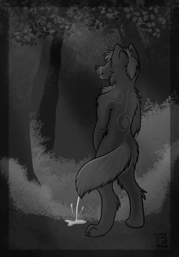 anthro bodily_fluids forest forest_background genital_fluids male peeing peeing_on_ground plant rear_view simple_background solo standing tail tree urine urine_on_ground urine_stream watersports shilohsheartinart fury_(furythewolf) canid canine canis mammal wolf digital_media_(artwork) hi_res monochrome
