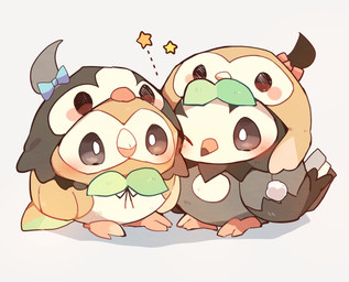 ambiguous_gender beak blue_bow blush brown_eyes clothing cosplay duo feral looking_at_another one_eye_closed pink_bow pupils simple_background tail white_background white_pupils wings yupo_0322 nintendo pokemon generation_4_pokemon generation_7_pokemon pokemon_(species) rowlet starly colored colored_sketch digital_drawing_(artwork) digital_media_(artwork) hi_res shaded sketch