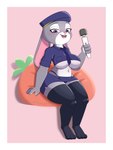 anthro bean_bag big_breasts big_butt biped border breasts butt clothing female female_anthro legwear police police_uniform sex_toy short_stack solo stockings underboob_cutout uniform vibrator wand_vibrator white_border lightwayarts disney zootopia judy_hopps lagomorph leporid mammal rabbit 3:4 hi_res